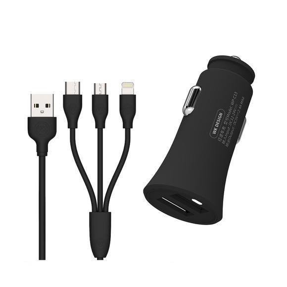 Car Charger WK 2.4A USBx2 With 3in1 charging cable Black WP-C13(EOL)